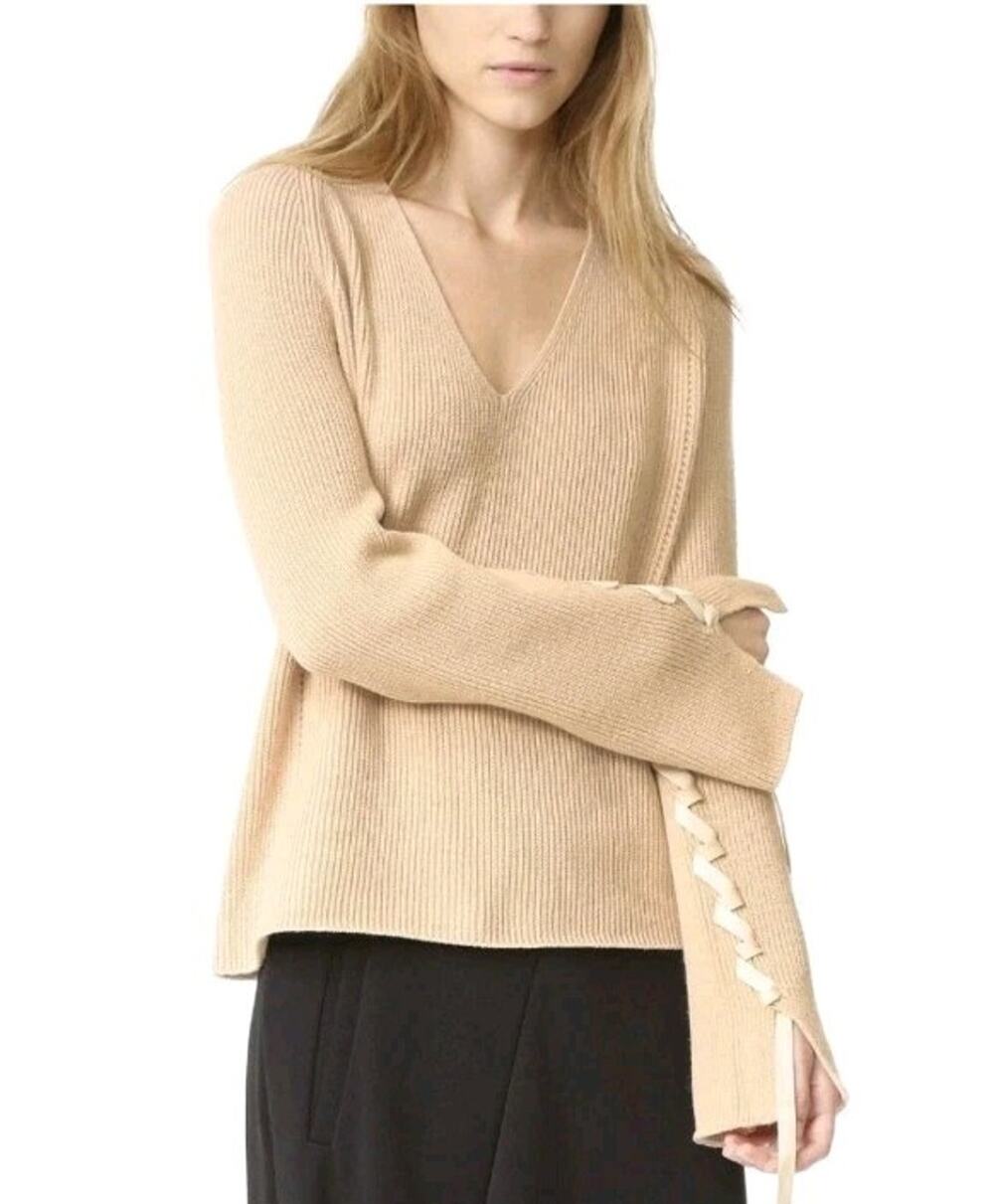 Helmut Lang laced sleeve sweater tan cashmere wool v-neck women's size XS